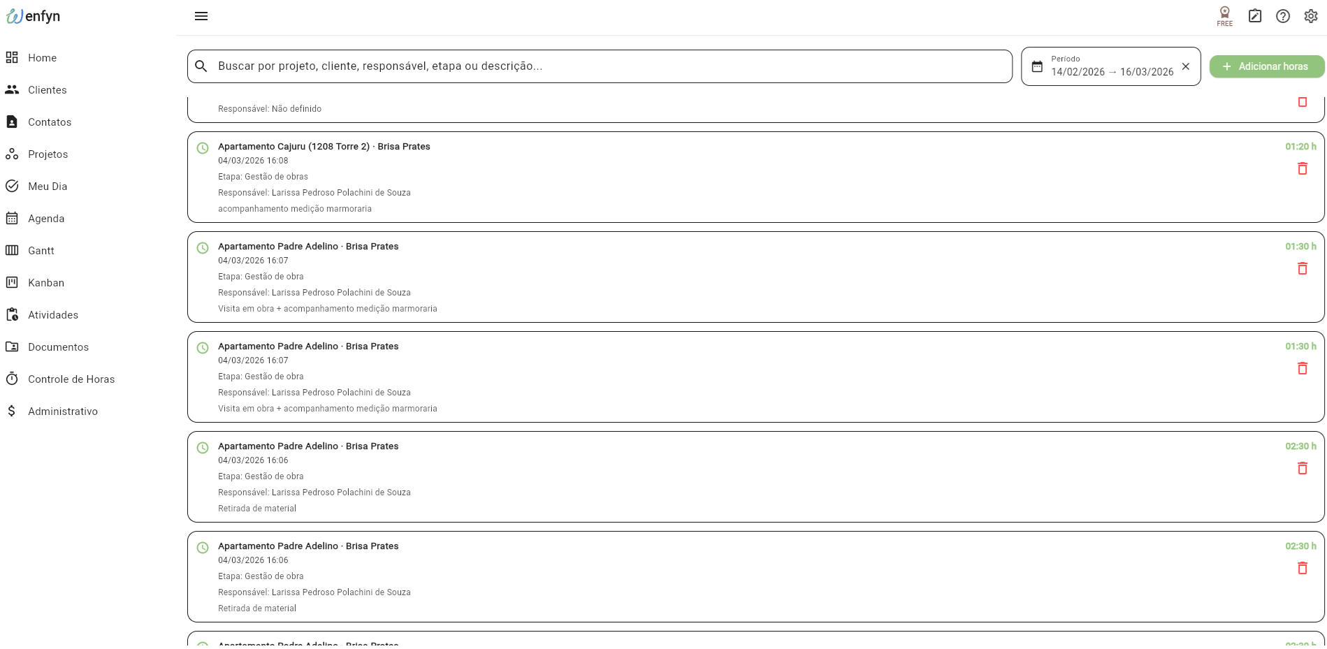 Controle de horas por projeto, etapa e por cada membro do time